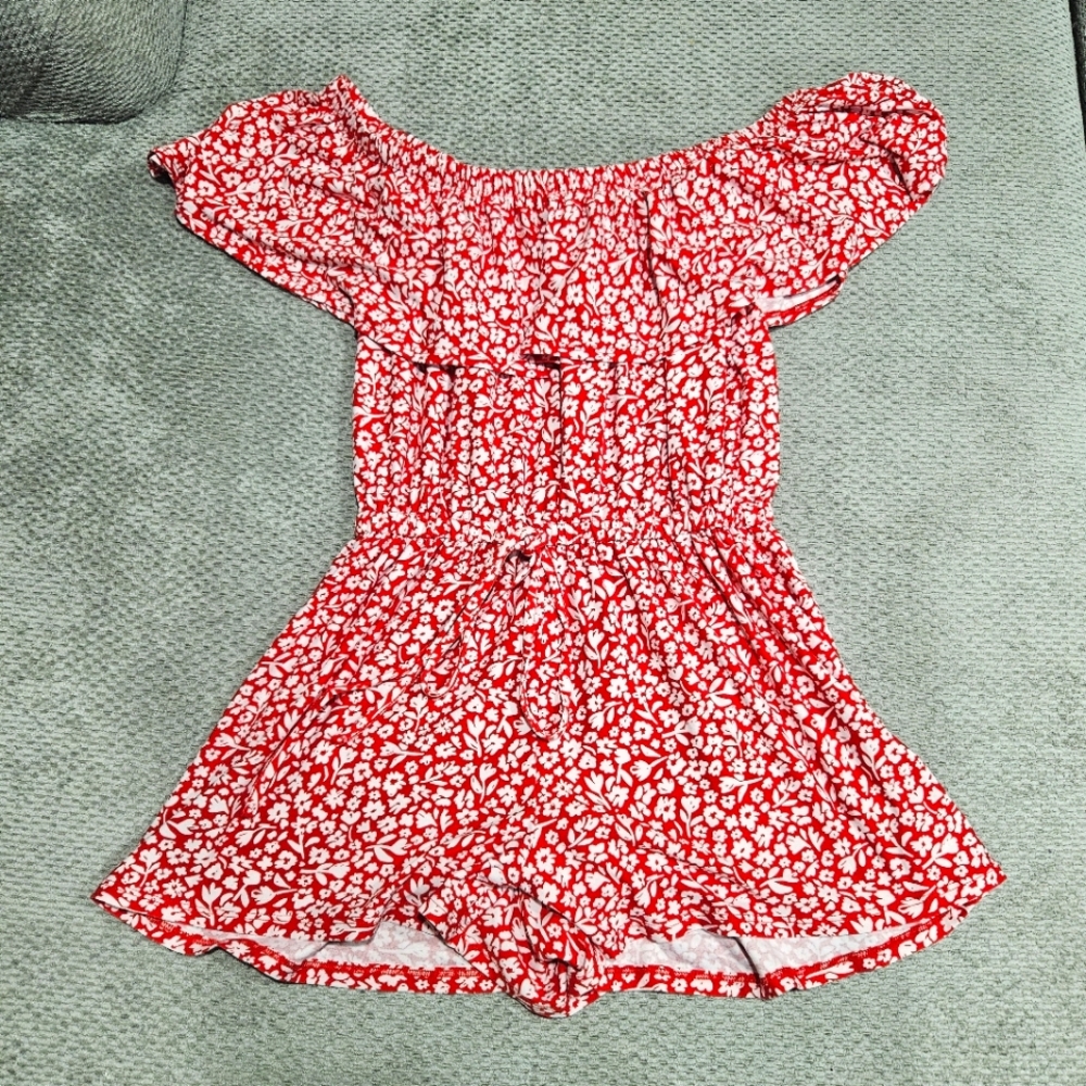 3/$15! Red And White Ditsy Print Off Shoulder Romper, Small